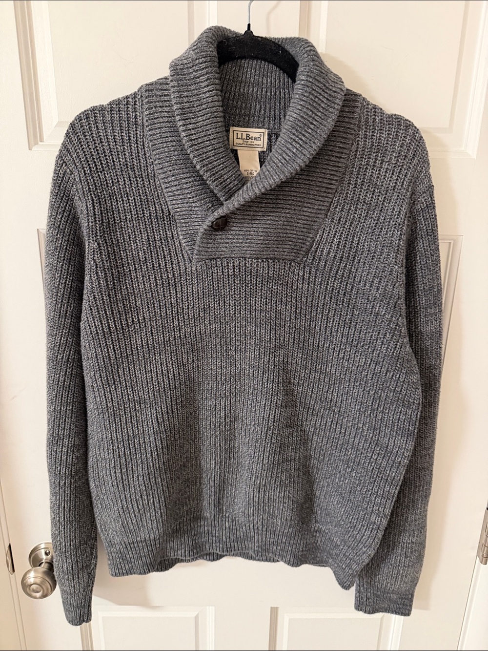 L.L. Bean Men's Gray Ribbed Chunky Shawl Collar Pullover Sweater 100% Cotton S